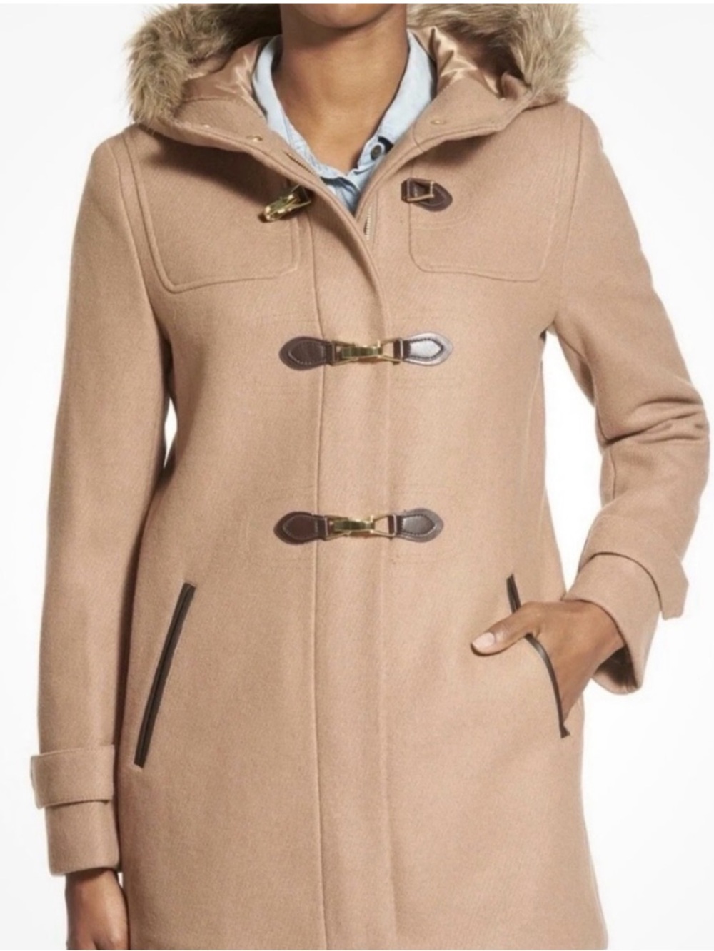 Cole Haan Camel Wool Coat with Faux-Fur Hood